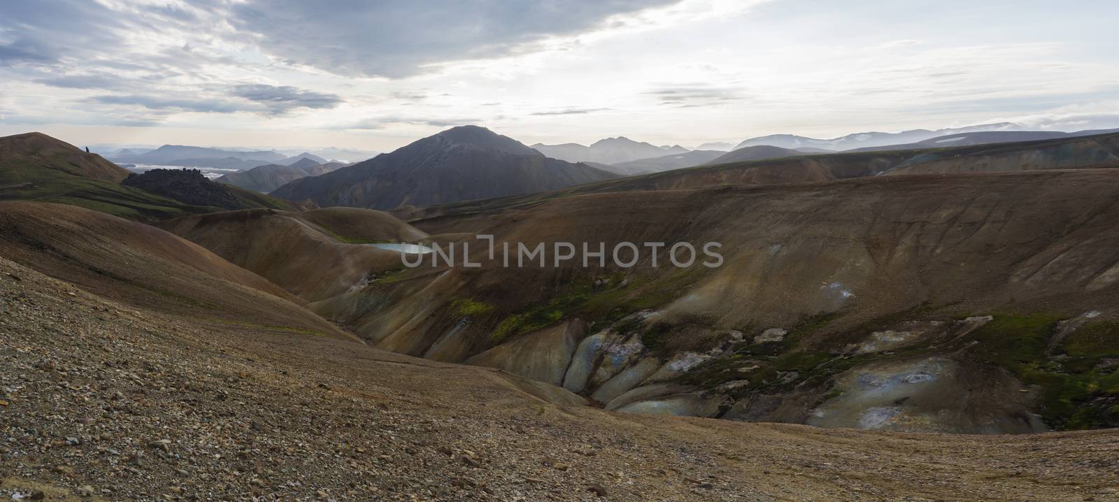 Colorful Rhyolit mountain panorma with multicolored volcanos and geothermal fumarole and river delta. Sunrise in Landmannalaugar at Fjallabak Nature Reserve, Highlands Iceland.