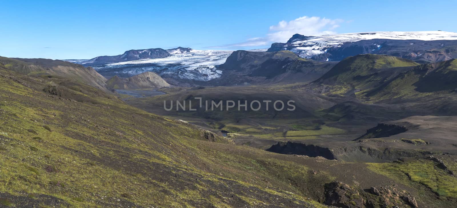 Panoramic landscape with blue Markarfljot river canyon, green hills and eyjafjallajokull volcano glacier. Laugavegur hiking trail. Fjallabak Nature Reserve, Iceland. Summer blue sky.