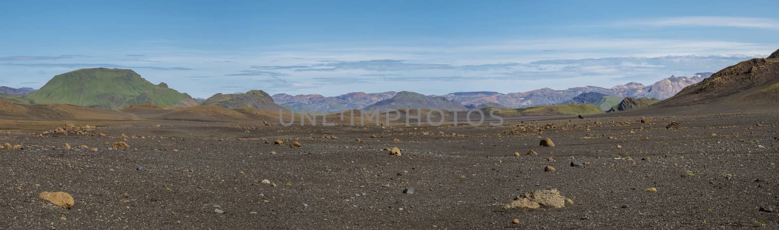 Panoramic Icelandic lava desert landscape with panorama of Landmannalaugar colorful mountains and green hills. Fjallabak Nature Reserve, Iceland. Summer blue sky by Henkeova