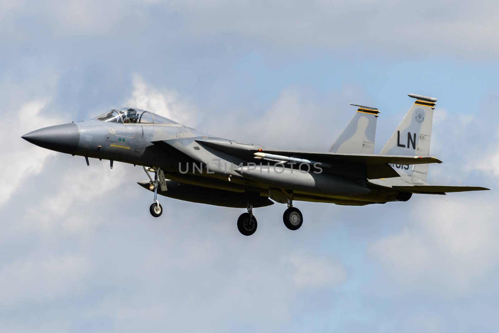 F-15 Eagle Jet on final approach to land at RAF Lakenheath