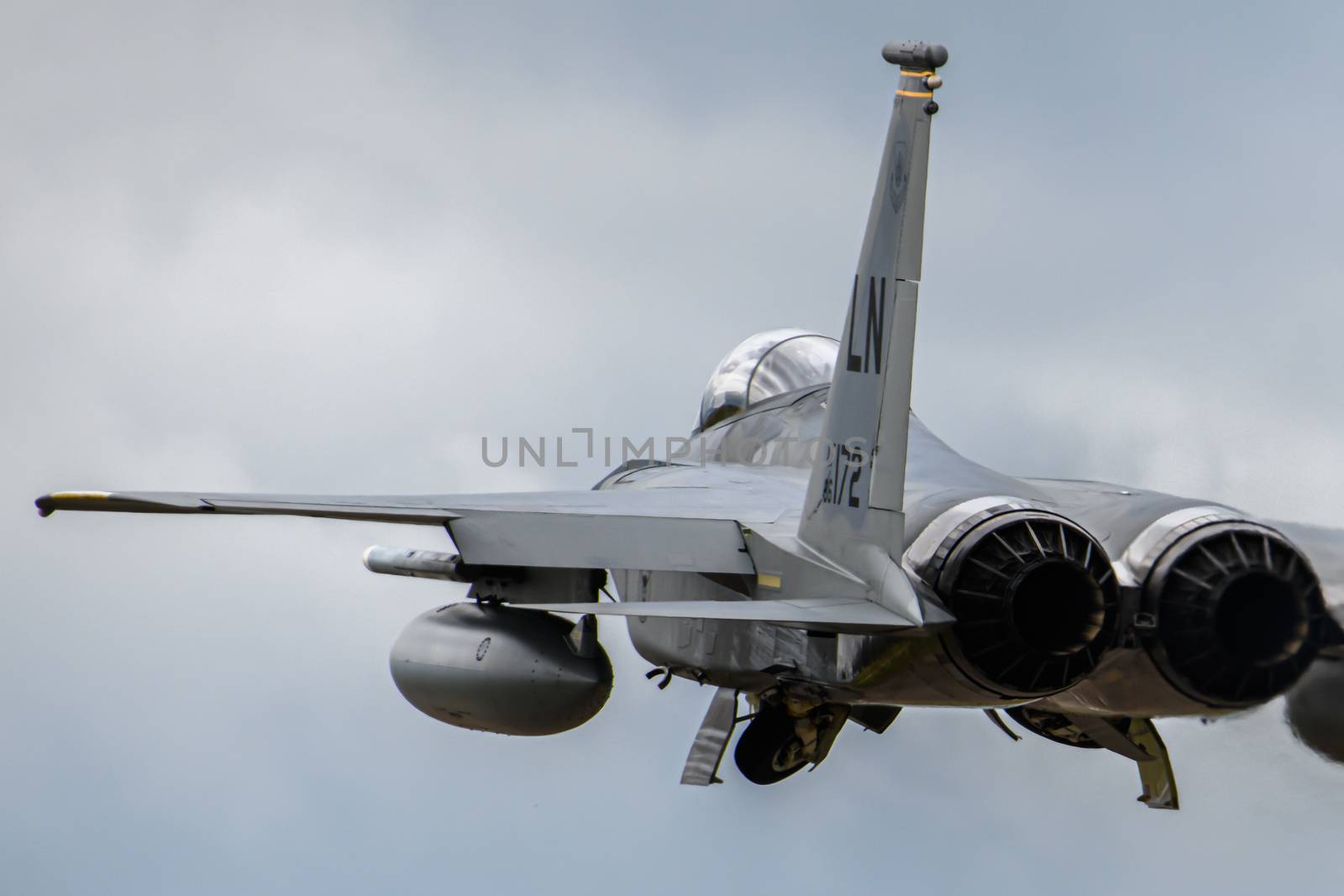 Boeing F-15 fighter jet landing at RAF Lakenheath in England