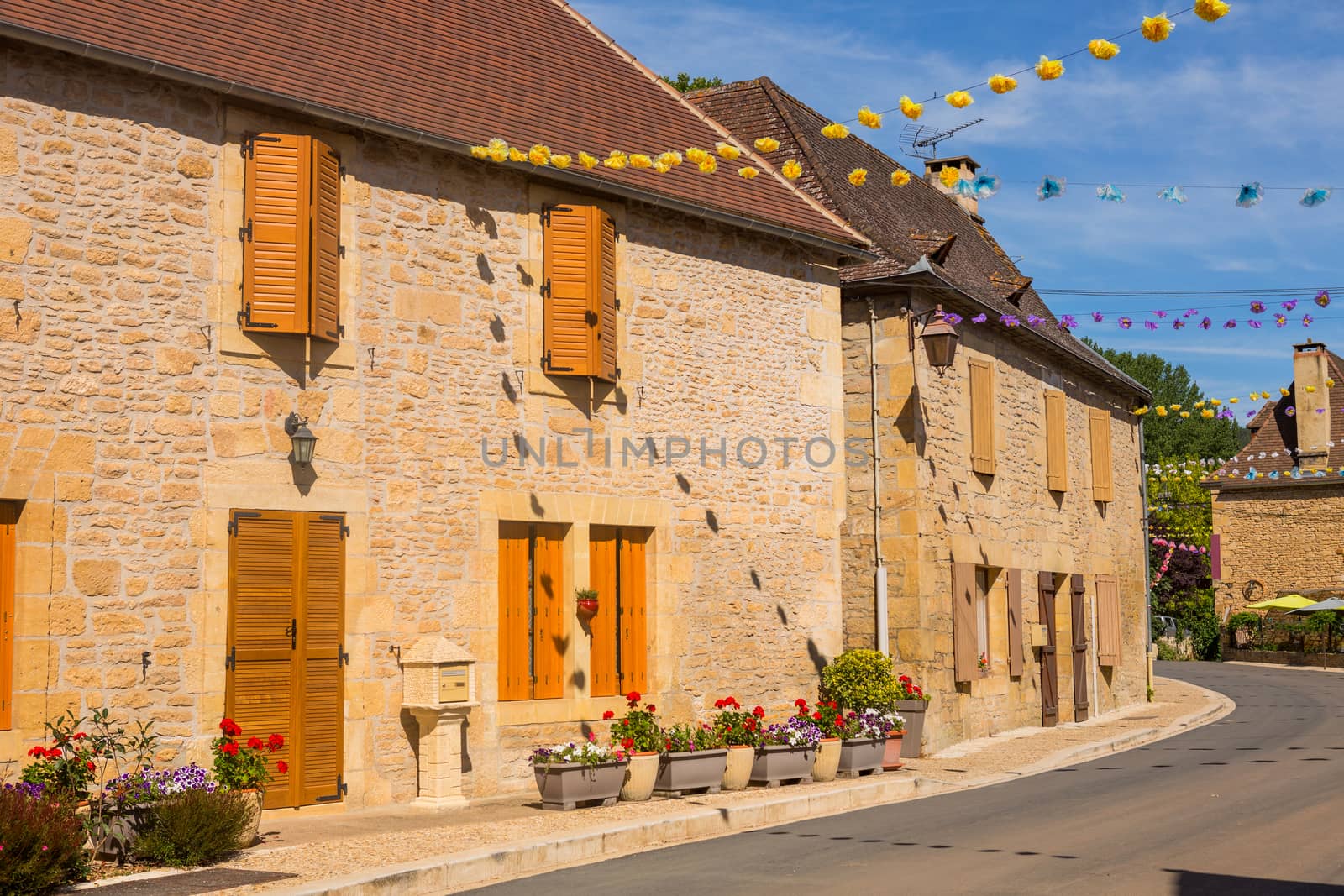 Street with historical houses in Saint-Leon-sur-Vezere, Dordogne,France