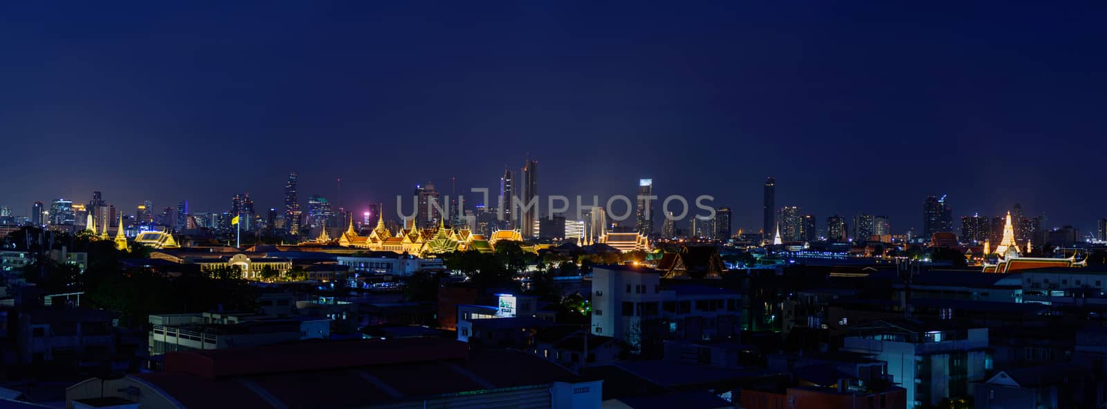 Bangkok , Thailand - 19 June, 2020: Panorama High view The grand palace of Thailand with high building behind