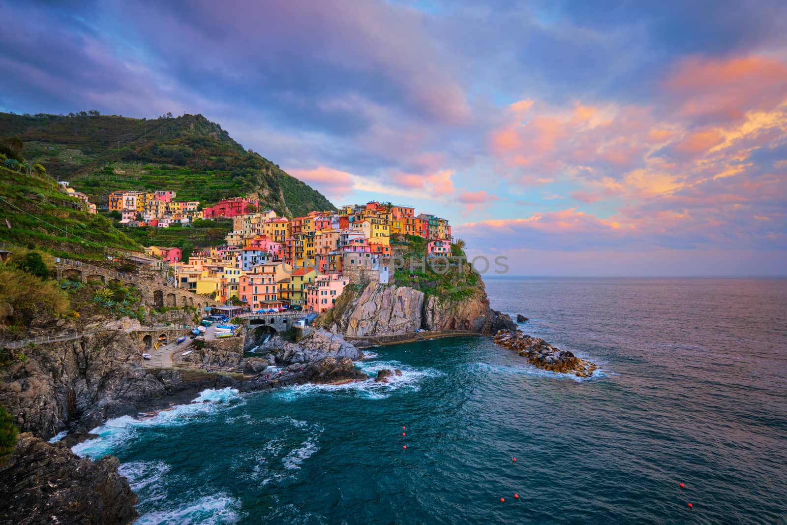 Manarola village on sunset, Cinque Terre, Liguria, Italy by dimol