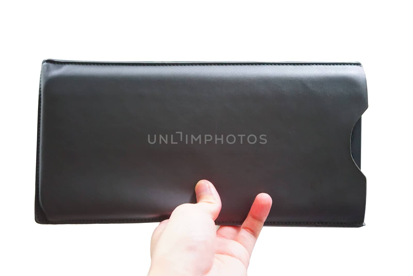 Hand holding wallet isolated on white background by uphotopia