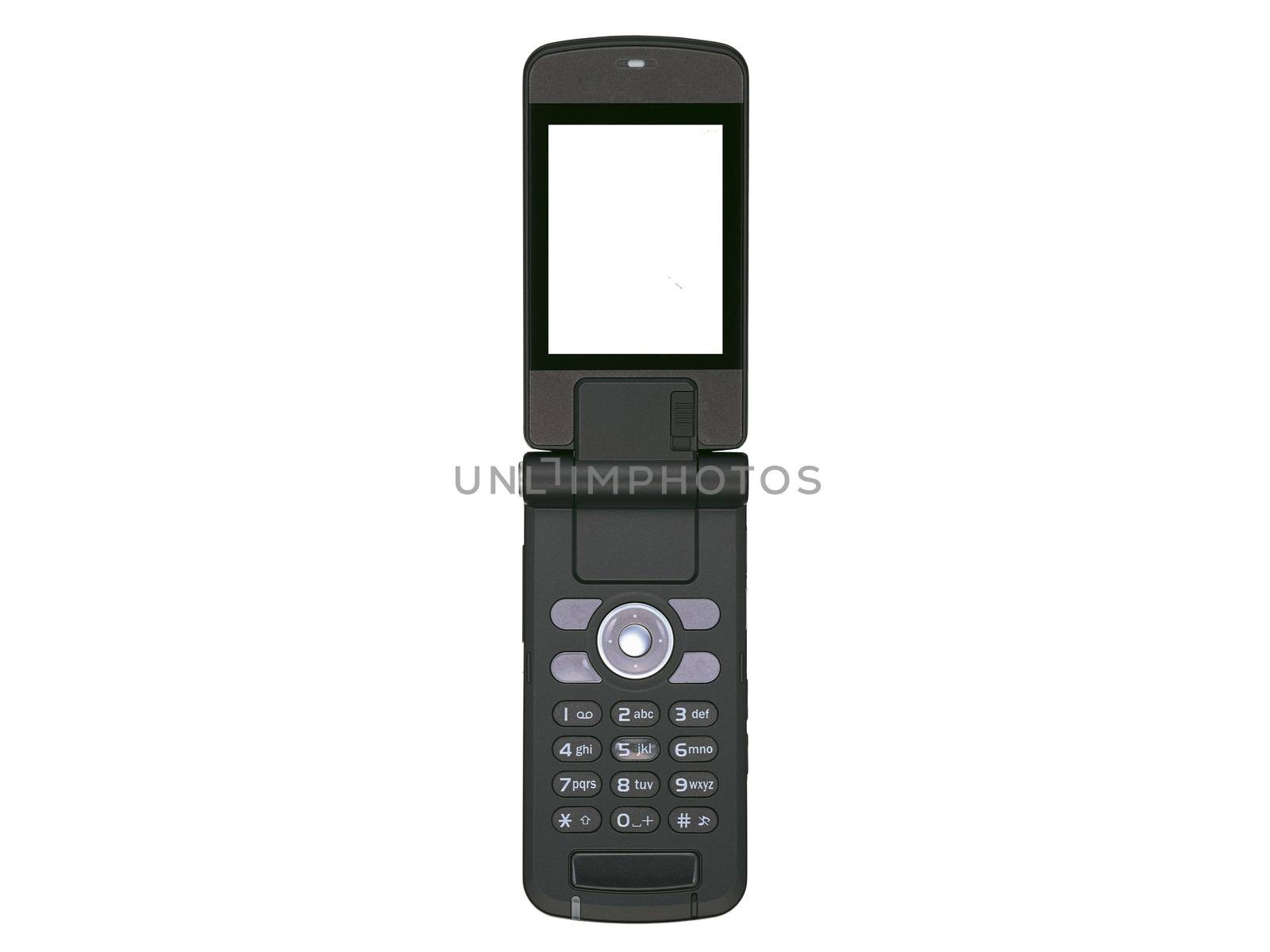 Old black mobile phone isolated on white background