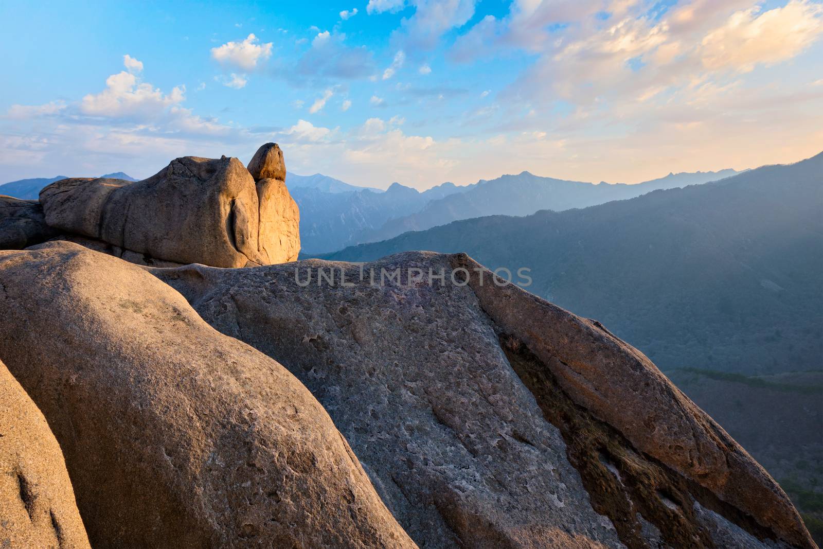 View from Ulsanbawi rock peak on sunset. Seoraksan National Park, South Corea by dimol