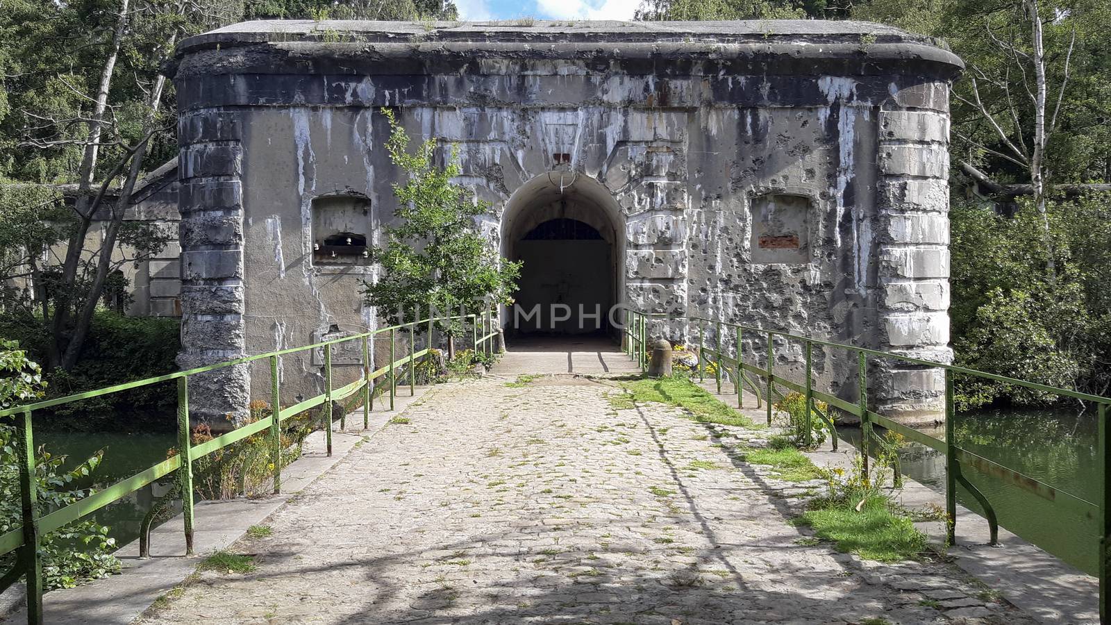 Kapellen, Belgium, July 2020: Entrance of Fort Ertbrand, part of fortengorden and antitank gracht around Antwerp