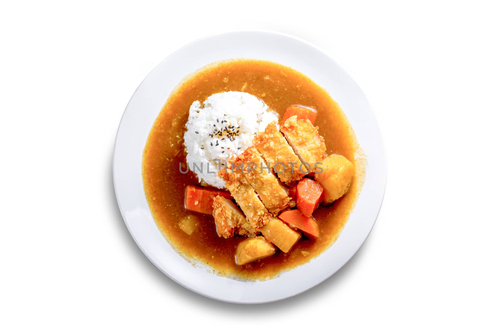 Japanese curry with rice, black sesame, carrot, potato and deep fries chicken in white dish isolated on white background with clipping path.