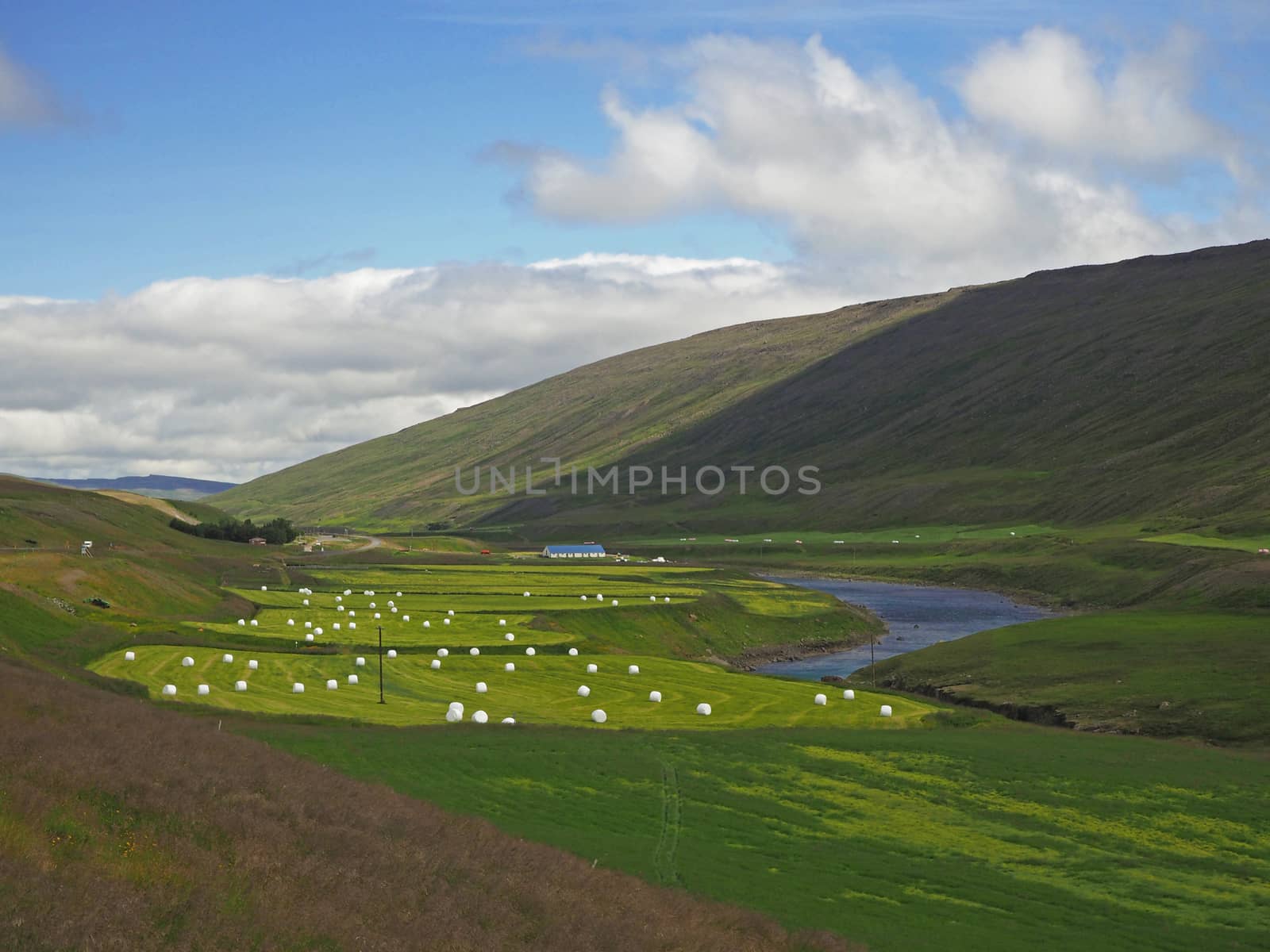 fertile river valley with  lush grass, straw bale and farm and blue sky