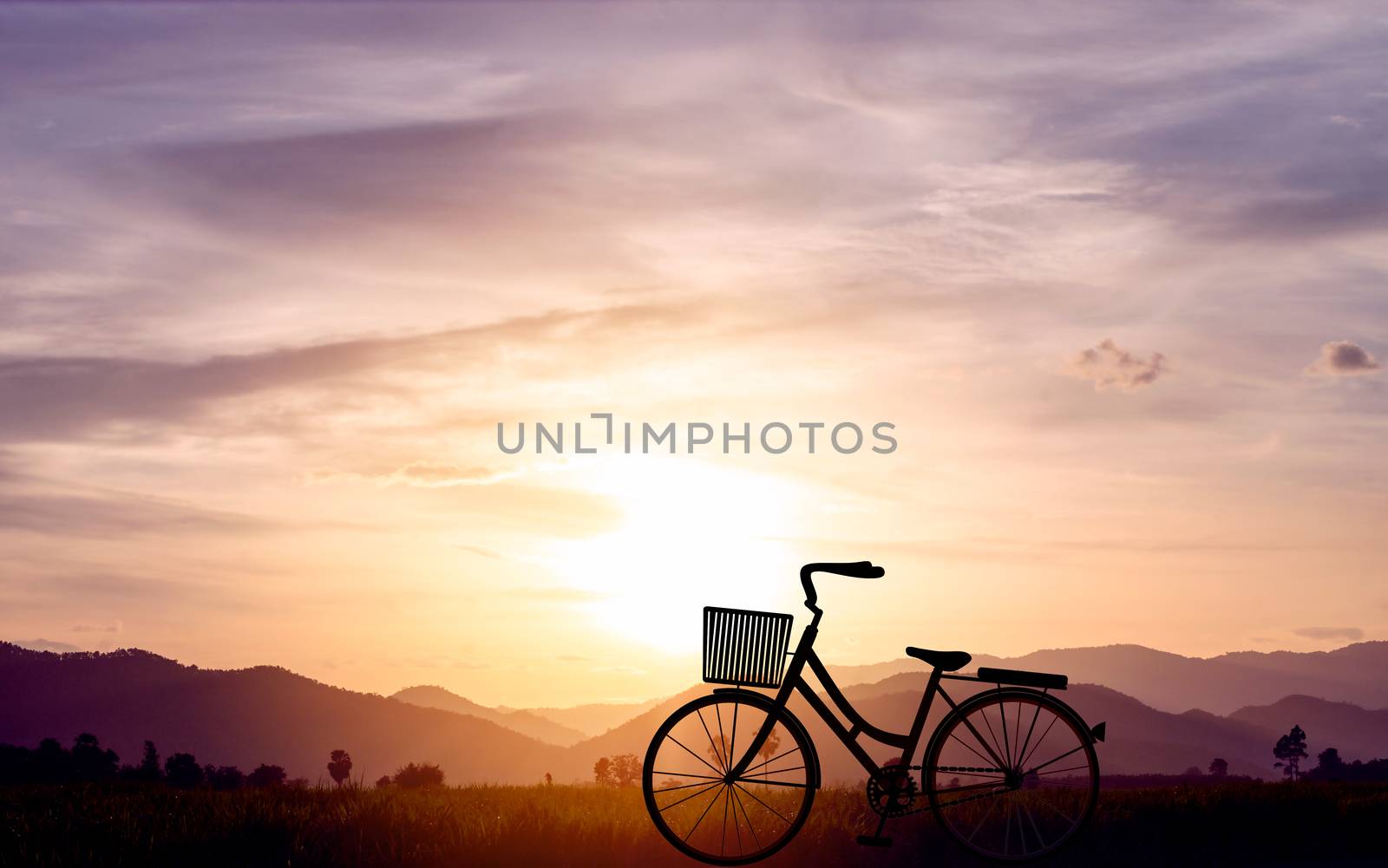 Silhouette women bike at sunset on mountain hills and sky cloud. Vector illustration design by yodsawai