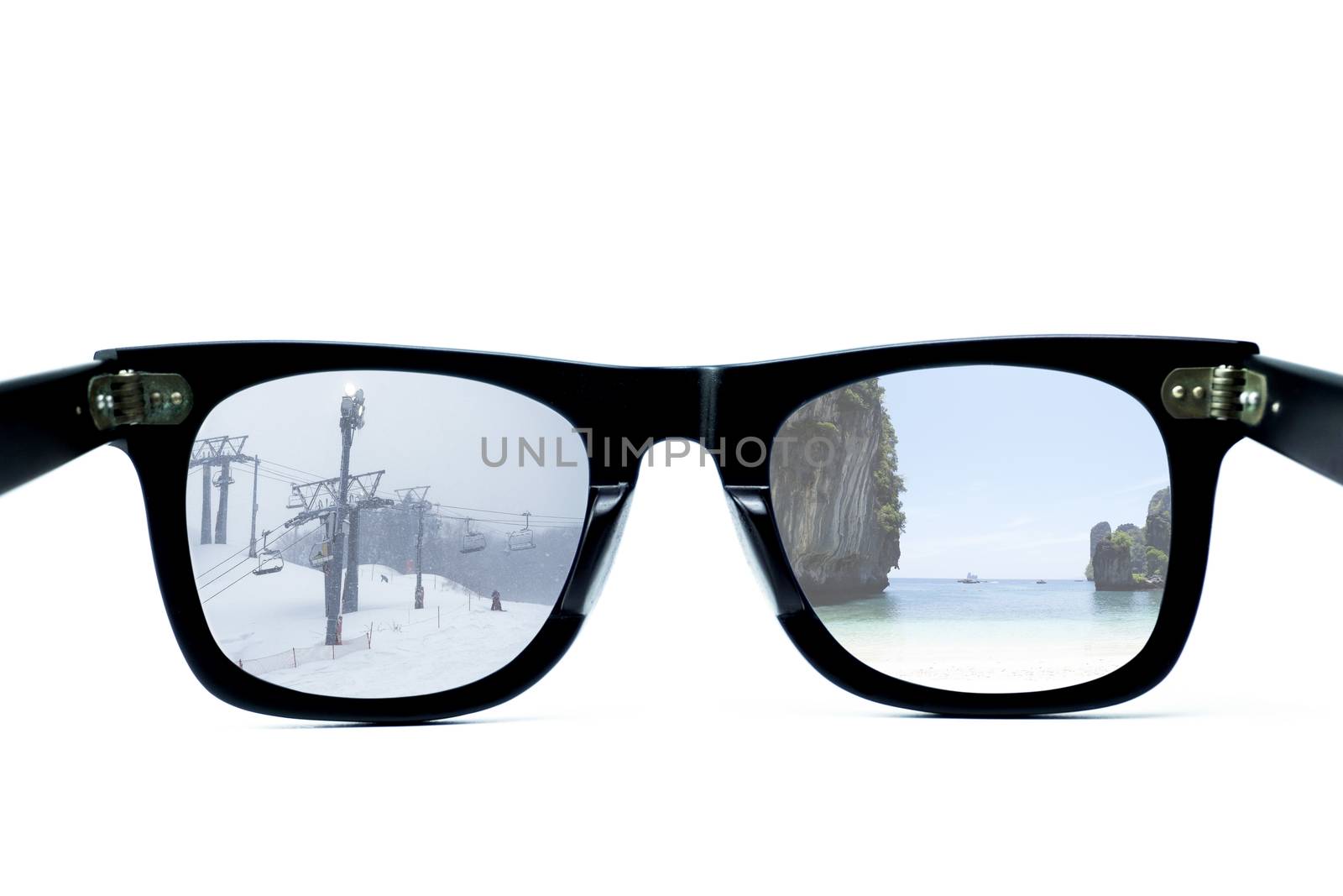 Glasses isolated on a white background, Alternative concepts Traveling to the sea or snow, weather cold or weather hot by Muangngam
