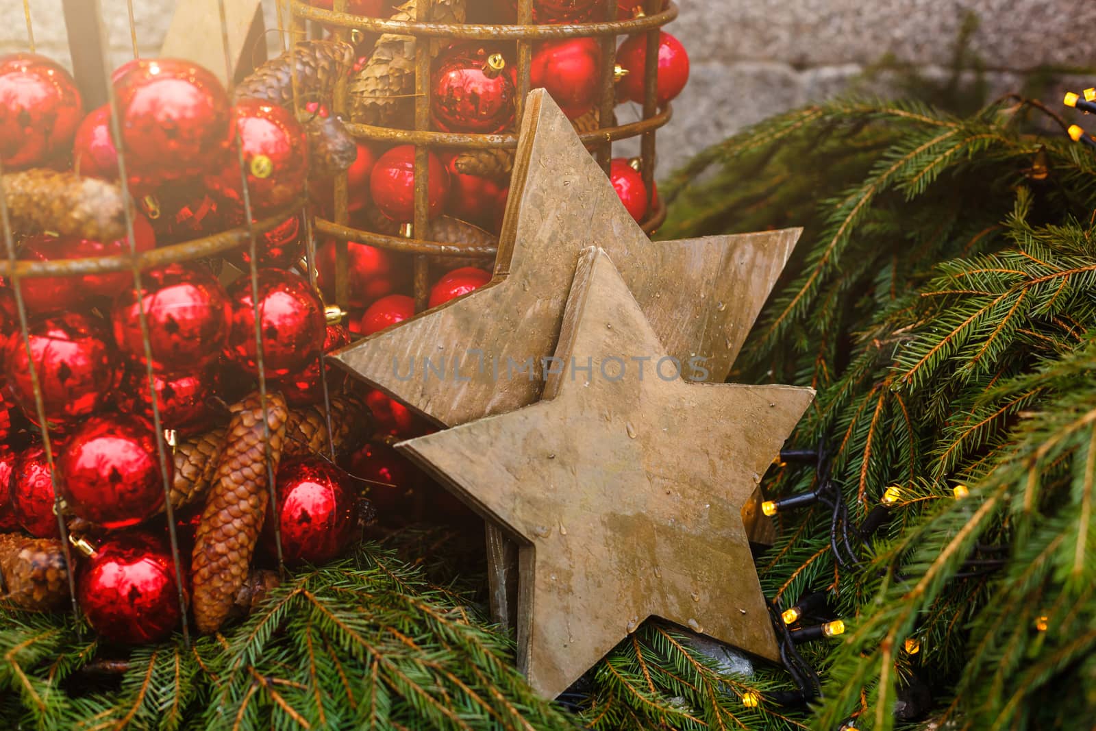 Christmas decoration. Christmas star on rustic dark wooden background