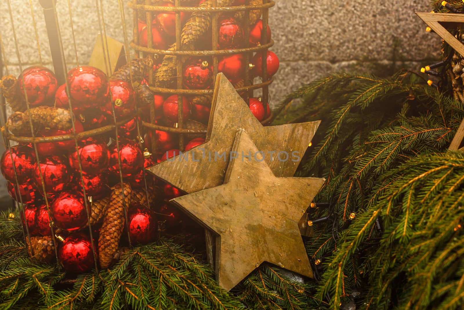 Christmas decoration. Christmas star on rustic dark wooden background