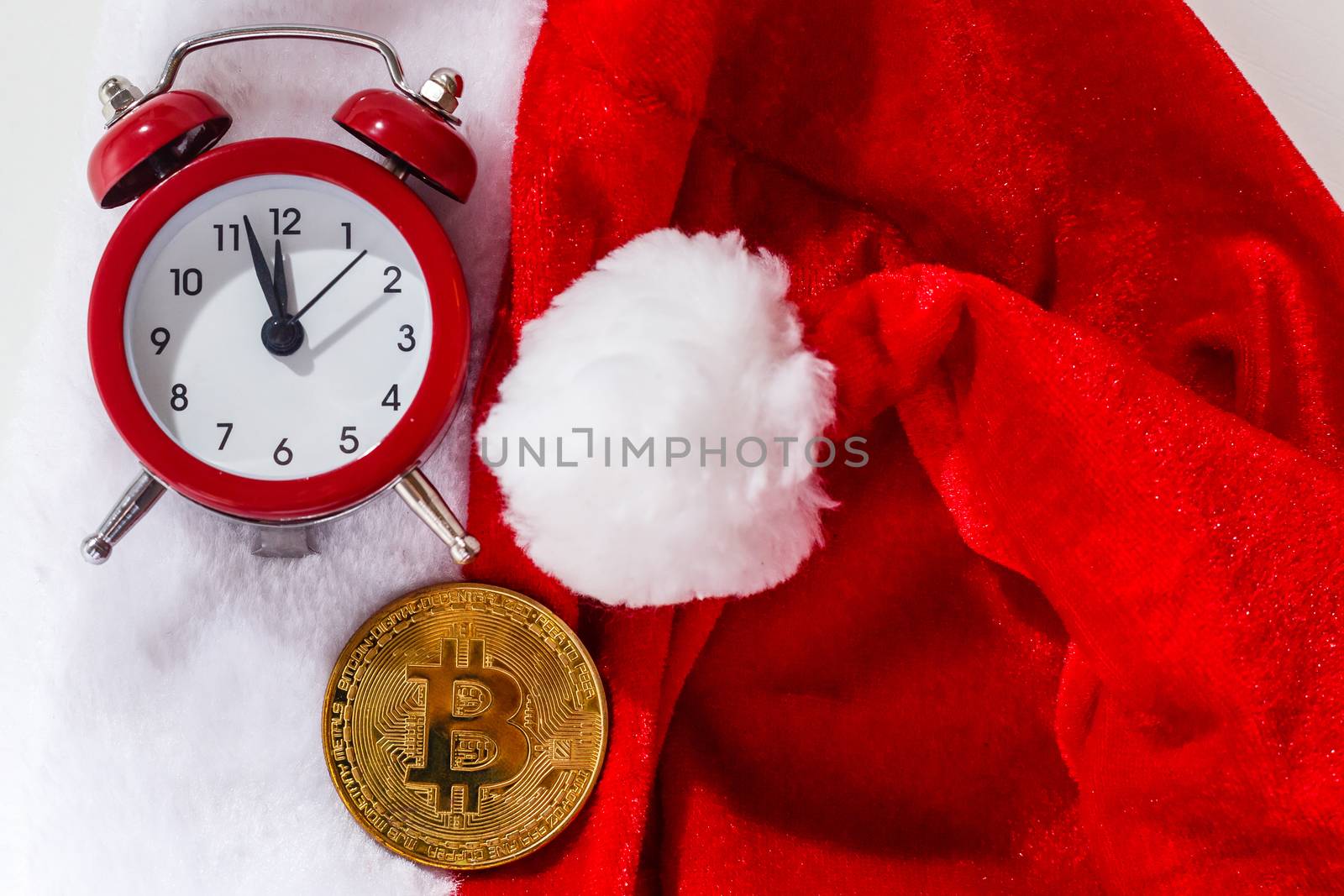 Bitcoin and new year. Crypto currency bitcoin on a Christmas background. problems and business growth. New Year's warm tinting.