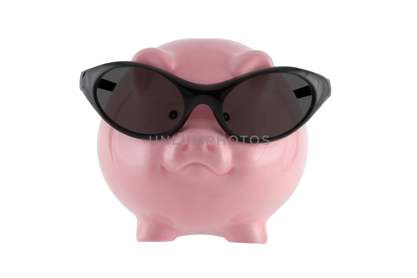 Saving for a sunny day. A pink piggy bank wearing sunglasses isolated on white with clipping path