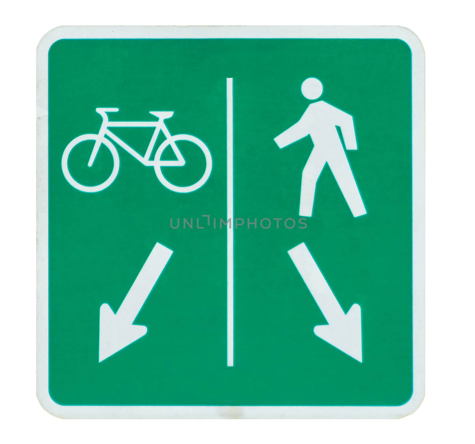 Sign of bicycle and pedestrian shared route isolated on white