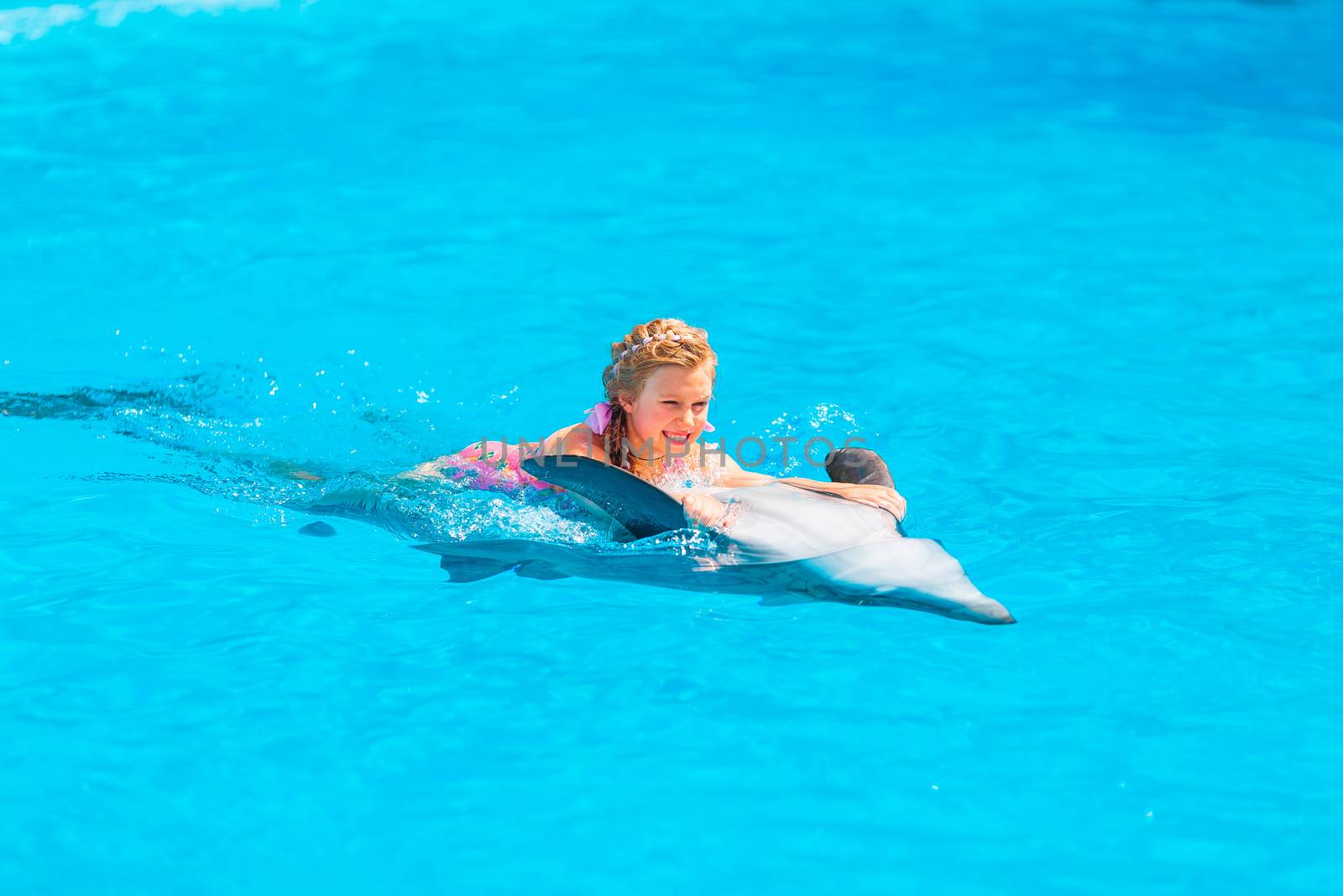 Happy little girl swimming with dolphins in Dolphinarium by Len44ik