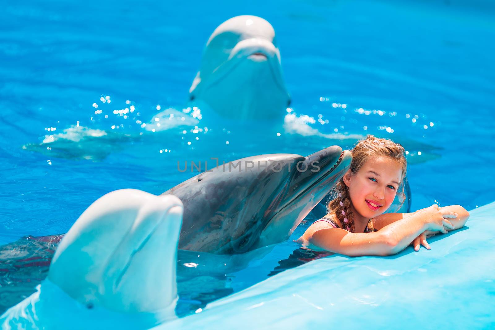 Happy little girl swimming with dolphins in Dolphinarium by Len44ik