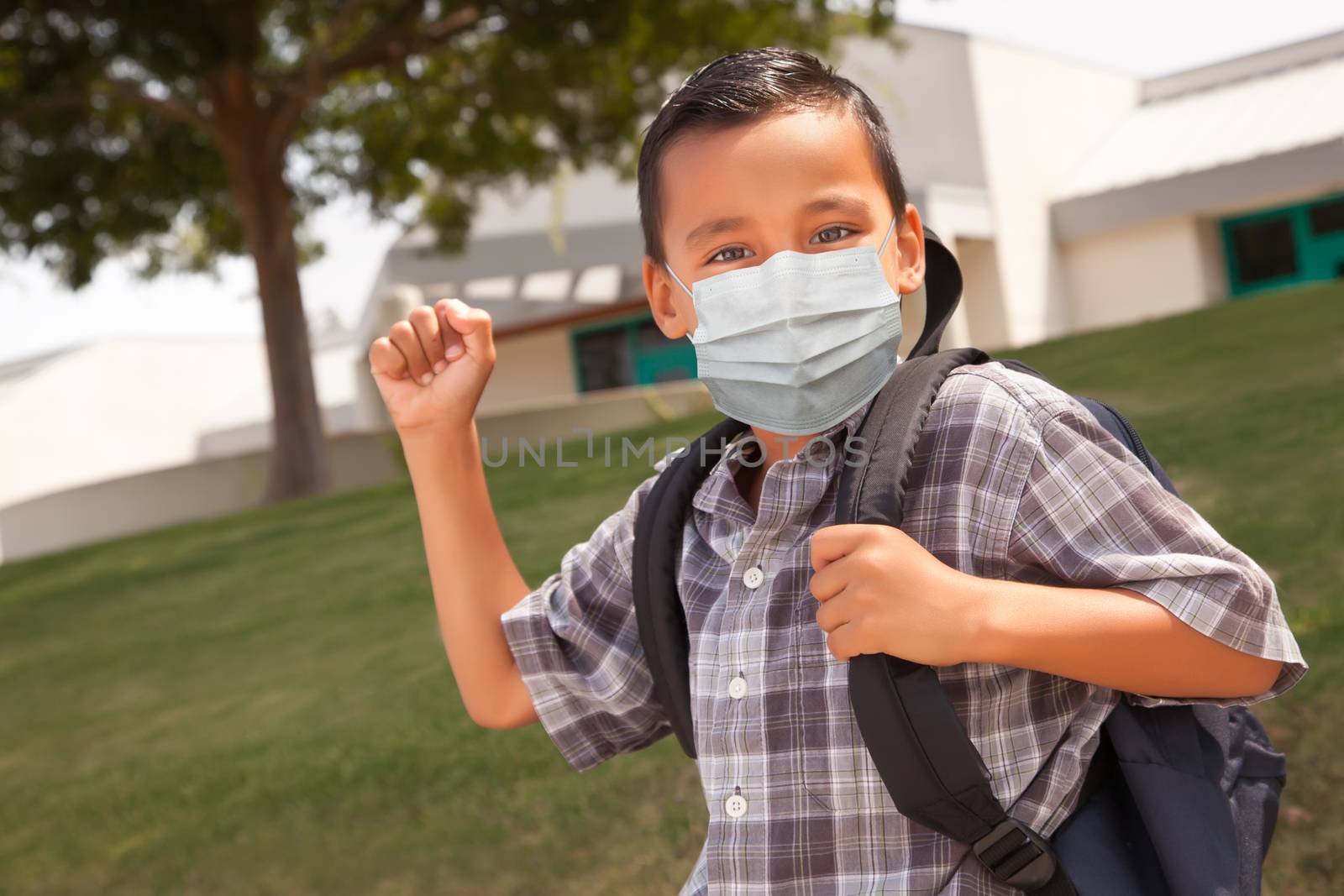 Hispanic Student Boy Wearing Face Mask with Backpack on School C by Feverpitched