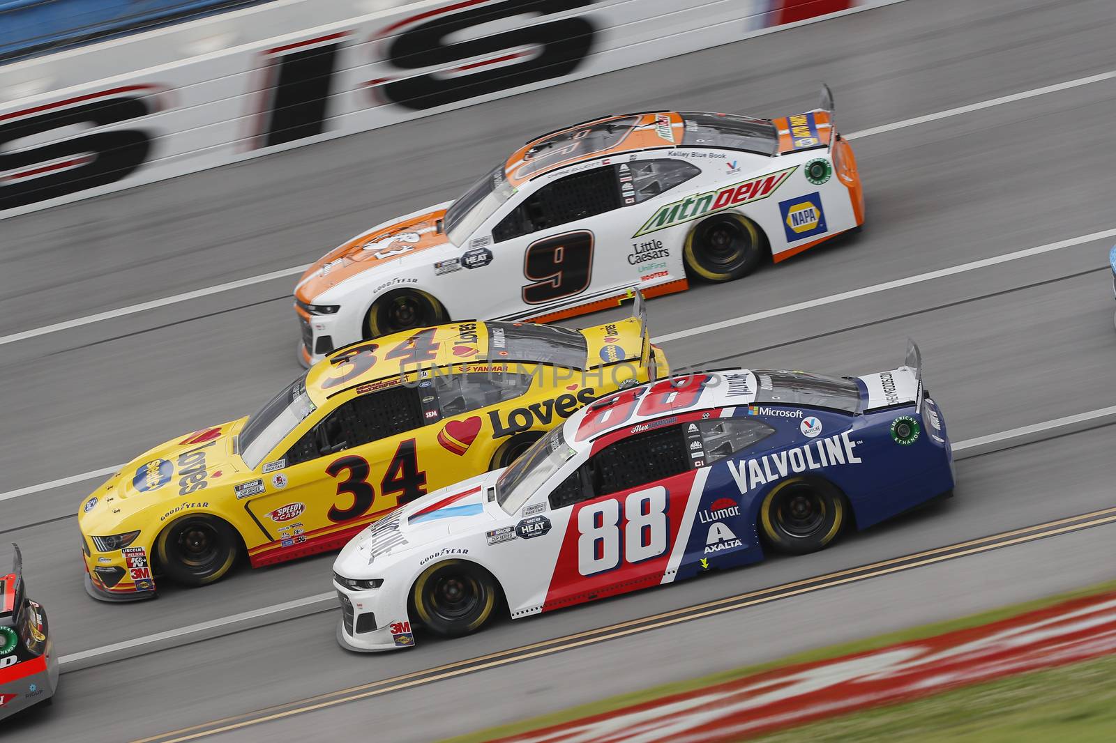 Alex Bowman (88) races down the dogleg during the GEICO 500 at Talladega Superspeedway in Lincoln, Alabama.