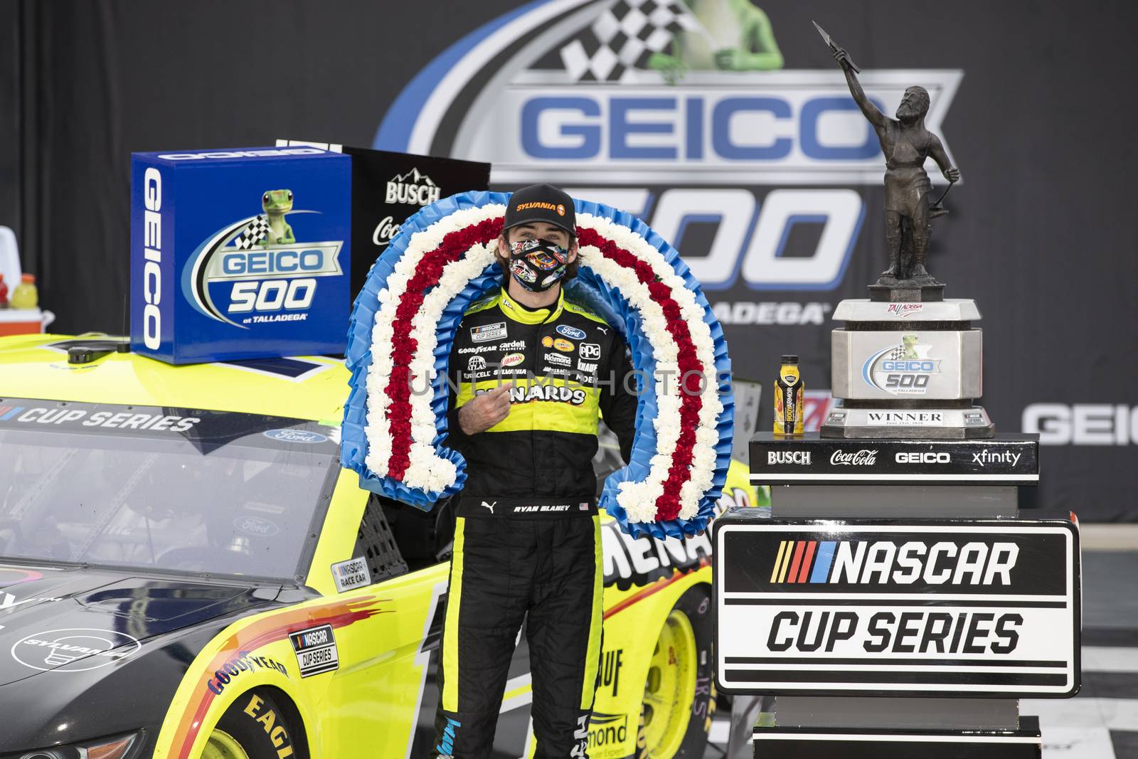 Ryan Blaney (12) wins the GEICO 500 at Talladega Superspeedway in Lincoln, Alabama.