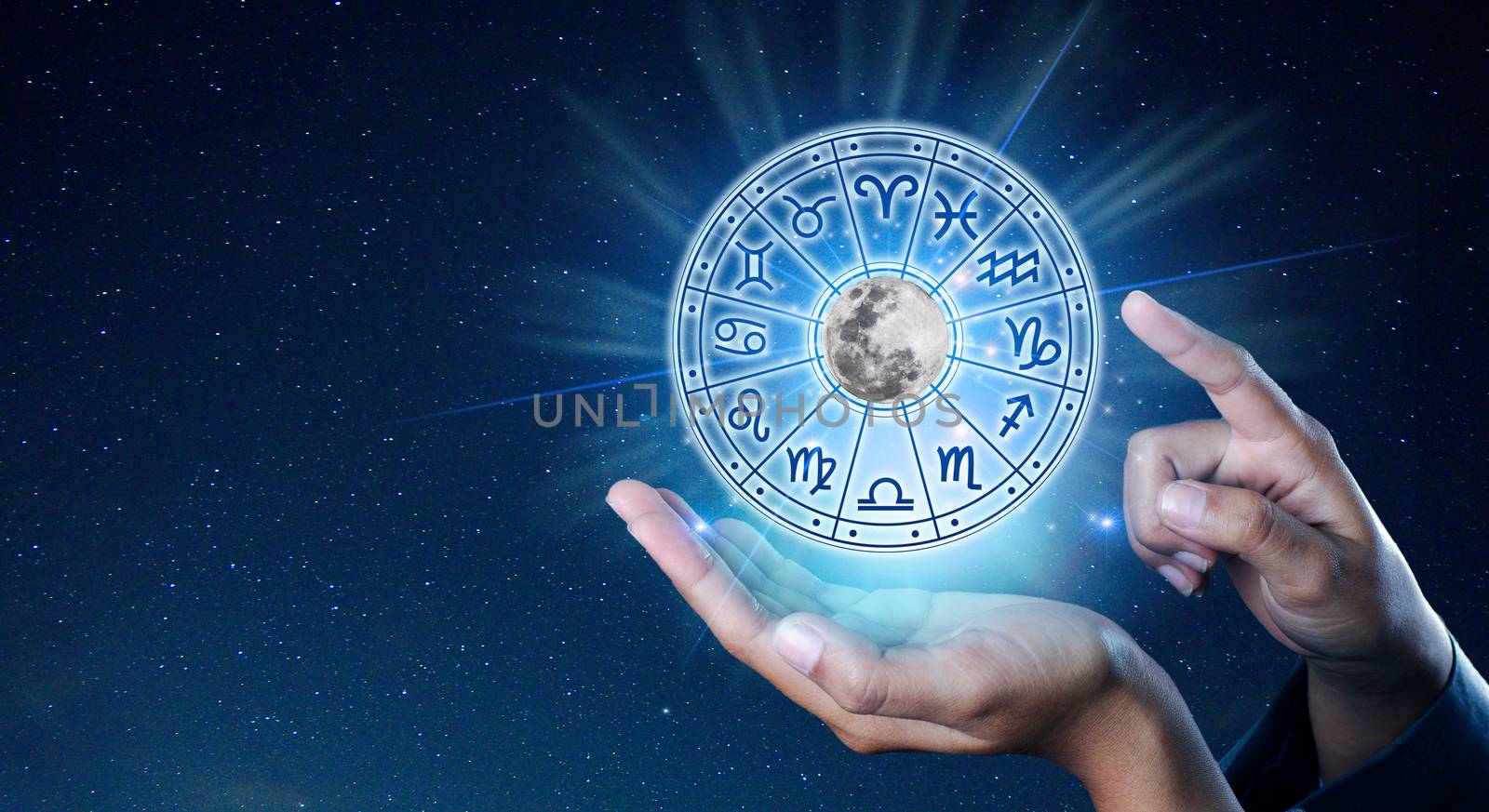 Zodiac signs inside of horoscope circle. Astrology in the sky with many stars and moons  astrology and horoscopes concept