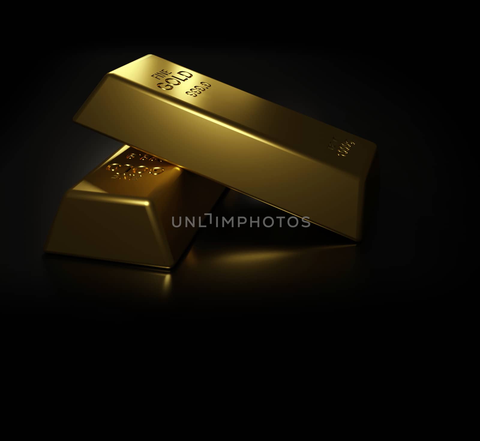 Gold bars on black background 3D Render