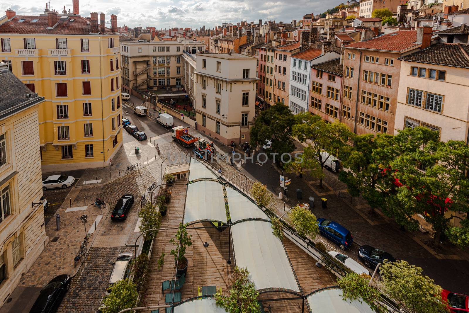 Lyon, France--November 6, 2017. An ultra wide angle photo overlooking the city of Lyon on a fall afternoon.