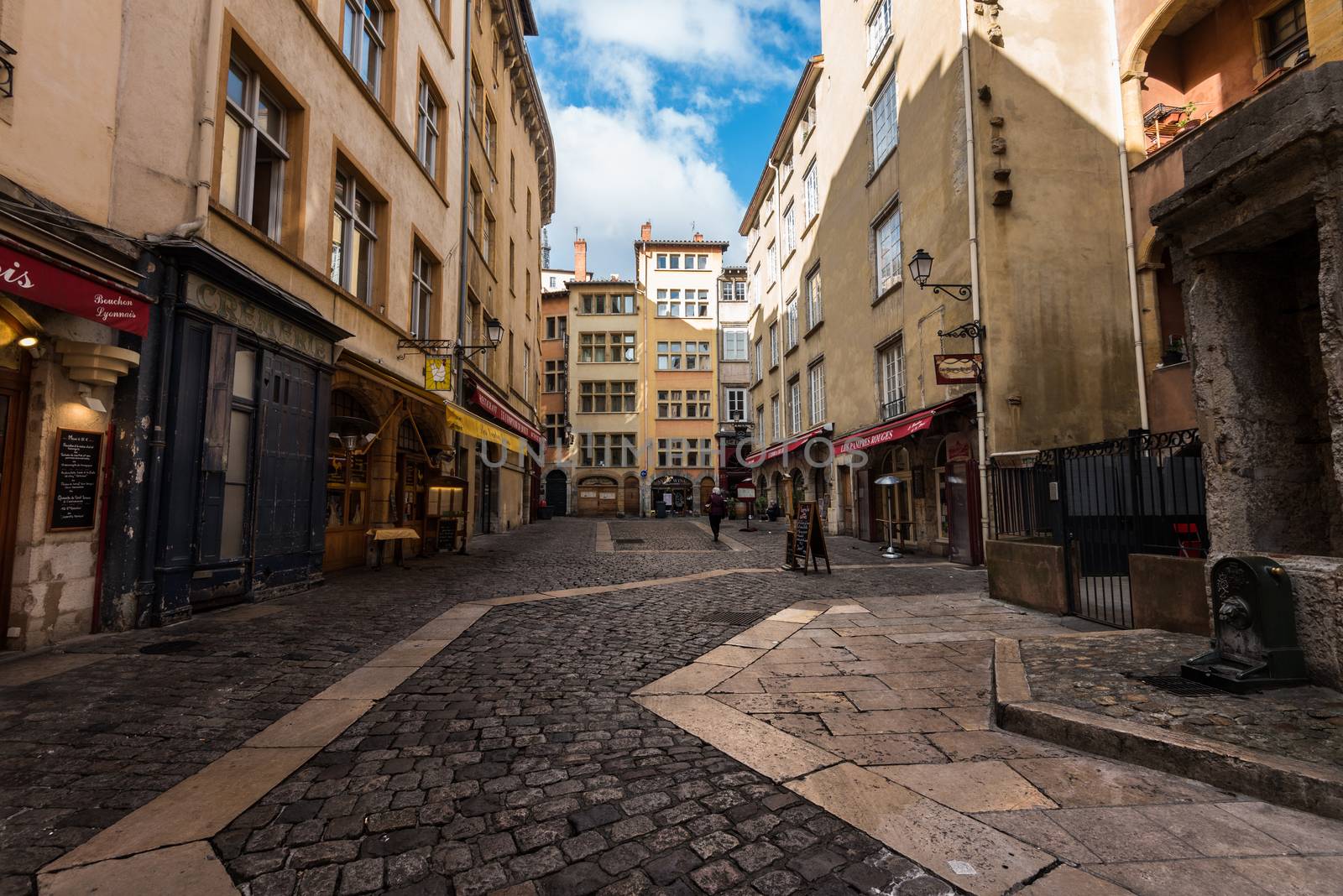 Lyon, France--November 6, 2017--Shops and Restaurants clustered in the Old City section of Lyon. Editorial Use Only.