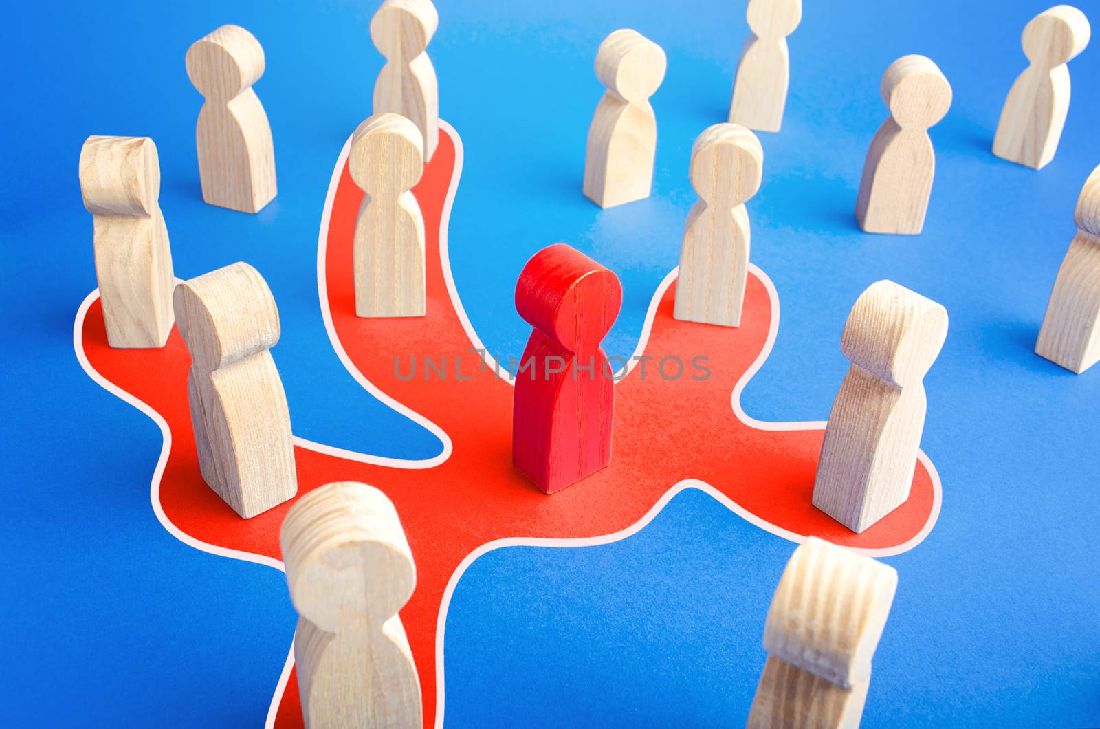 Red man spreads his influence over people around him. Uniting people on a new idea. Manipulator, intriguer. Infection and contagion. Collaboration, cooperation. Recruiting followers. Toxic worker