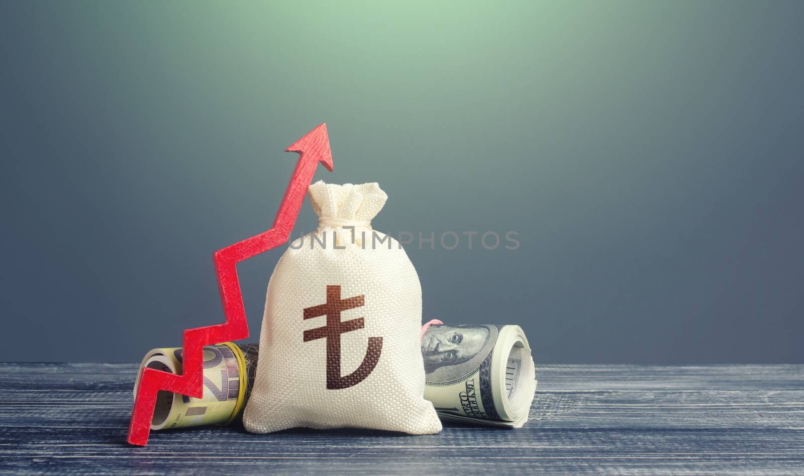 Turkish lira money bag and red arrow up. Growth of economy and increase of investment attractiveness. Recovery. Stable currency. Developing markets. Rising inflation, money supply. Reserve fund