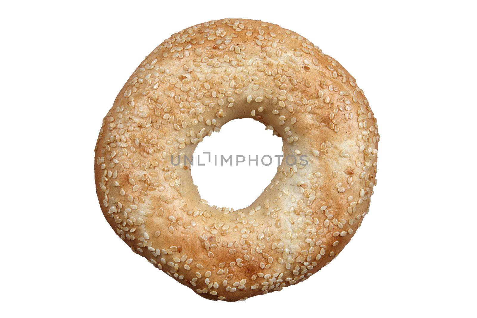 Sesame seeded bagel bread roll cut out and isolated on a white background