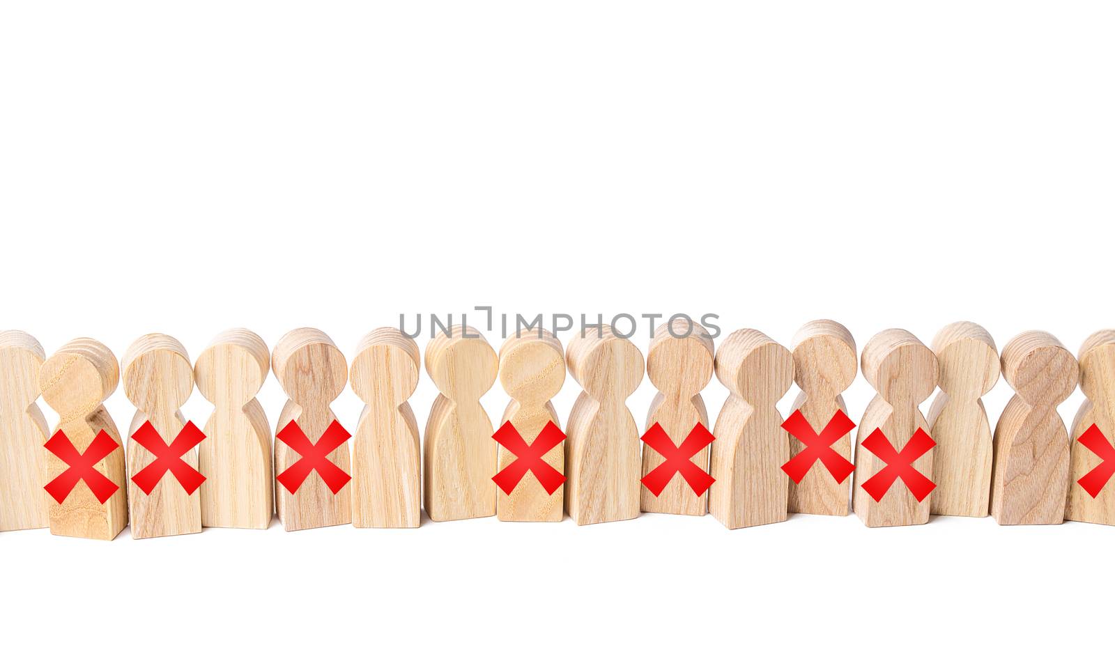 Line of people with red X. Loss of jobs and massive staff employees job cuts. Reducing staff to maintain business. Far-reaching consequences of crisis lockdown. Work layoffs due pandemic quarantine.