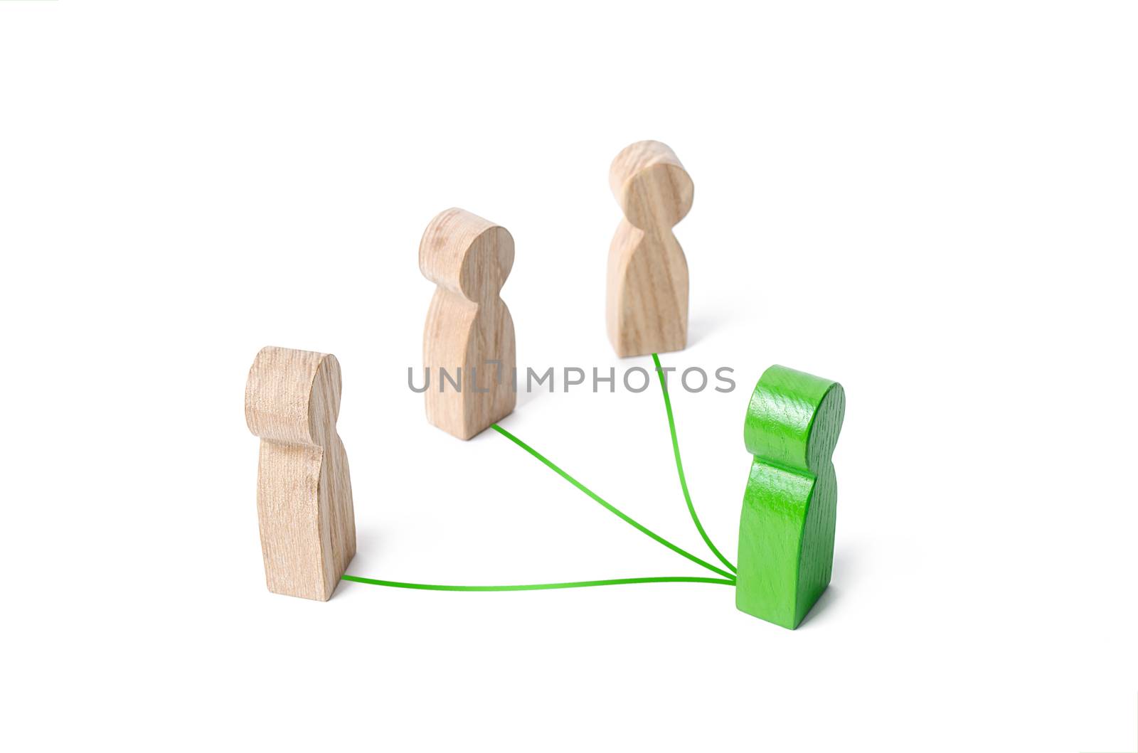 Green leader connected with people by lines. Optimization and high work efficiency. Distribution of powers, decentralization of authority responsibilities. Supervision and guidance. Give orders.