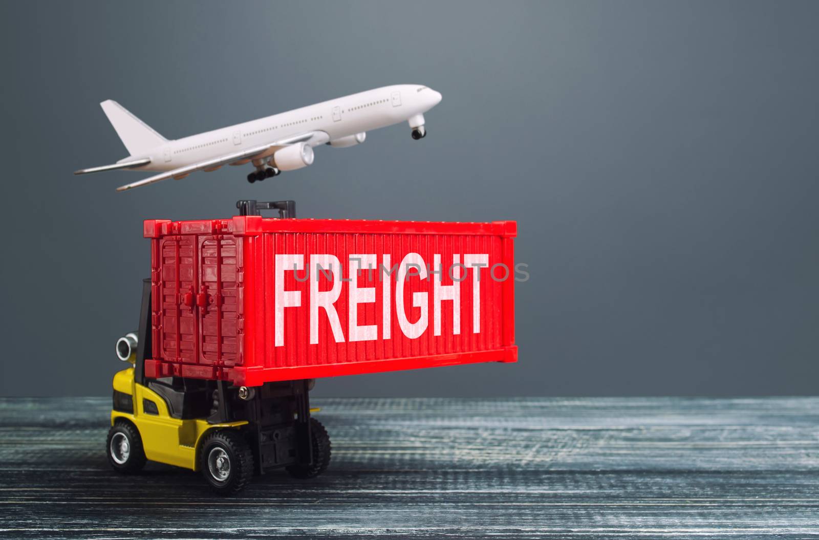 Yellow forklift carries red container and freight plane. International transportation logistics infrastructure, import export of goods products. Warehousing. Cargo transit. Air transportation by iLixe48