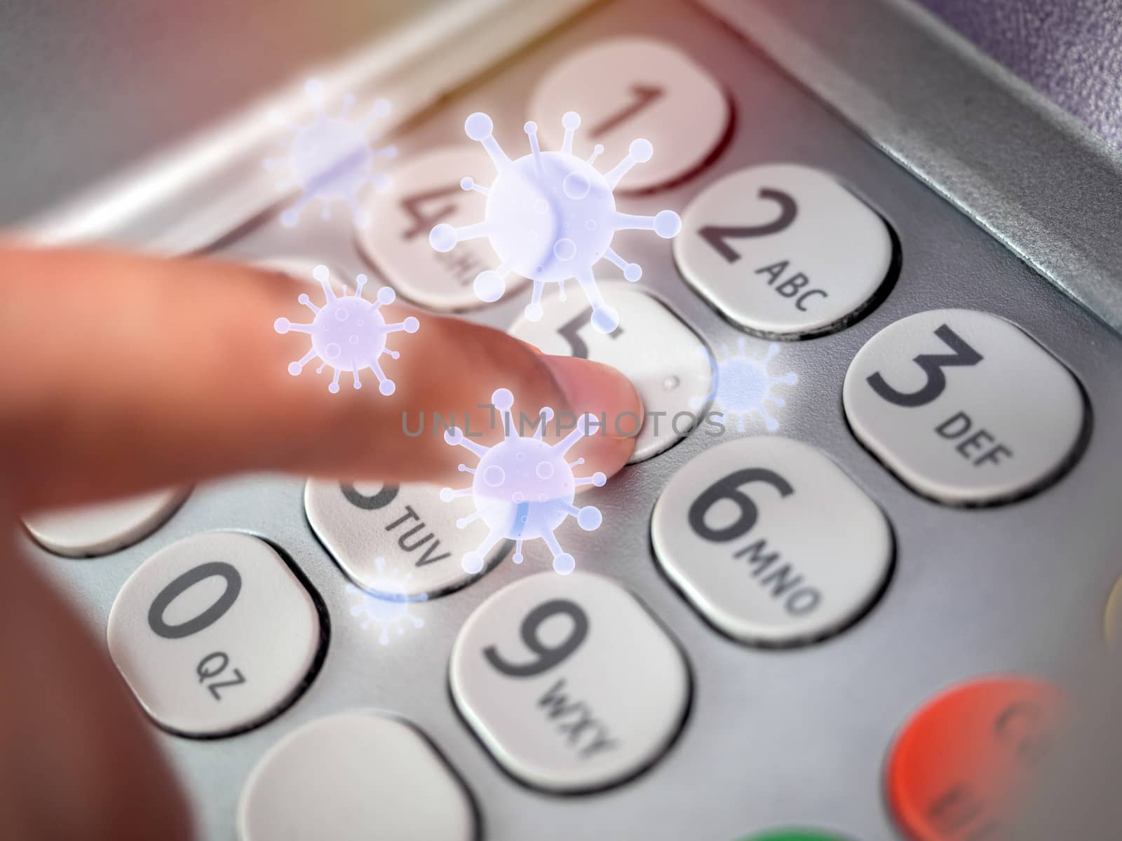 Finger pressing on number button on ATM machine with virus floating around. Virus infection spread disease concept.