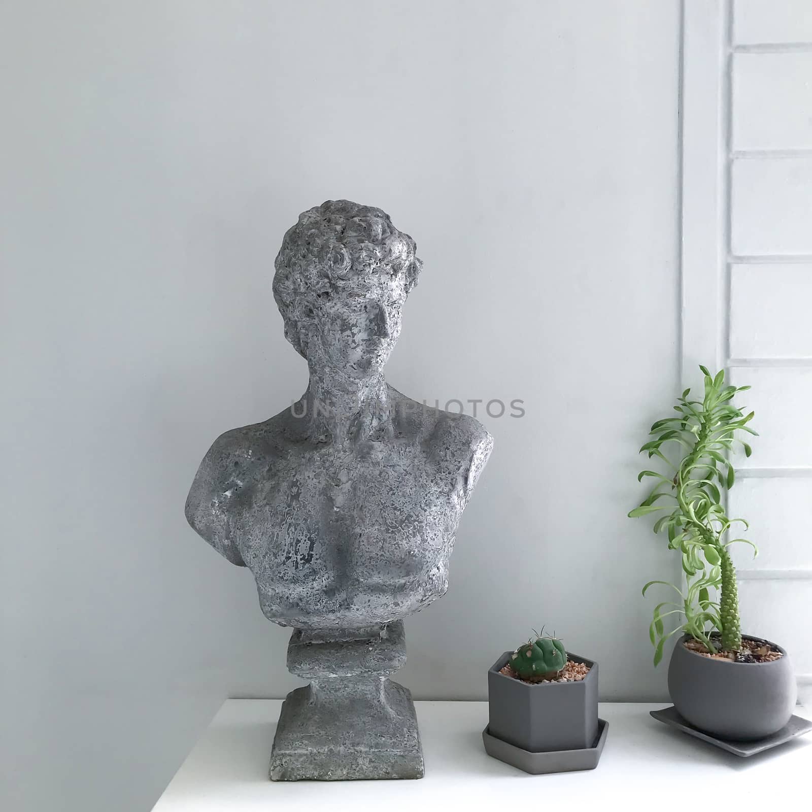 A half body of human stucco sculpture and cactus plant in concrete pots on white table on white wall background.