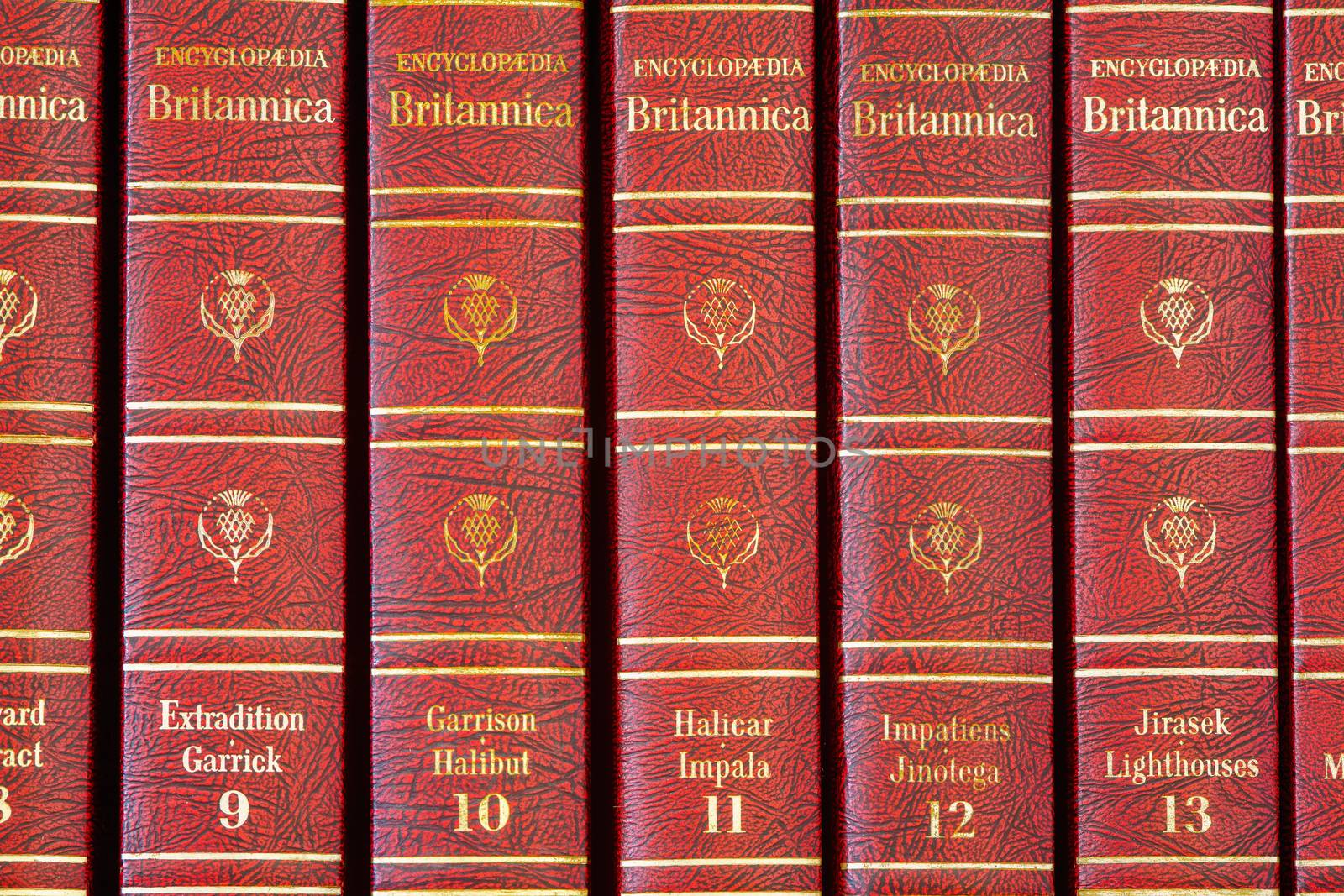 Haifa, Israel = August 14, 2019: Closeup on volumes 9 - 13 of the Encyclopedia Britannica, 1965 edition