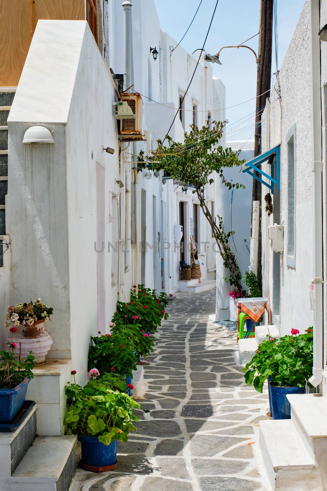 Picturesque narrow street with traditional whitewashed houses with blooming flowers of Naousa town in famous tourist attraction Paros island, Greece