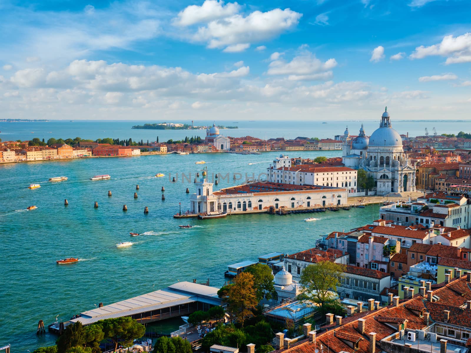 View of Venice lagoon and Santa Maria della Salute church on summer day. Venice, Italy