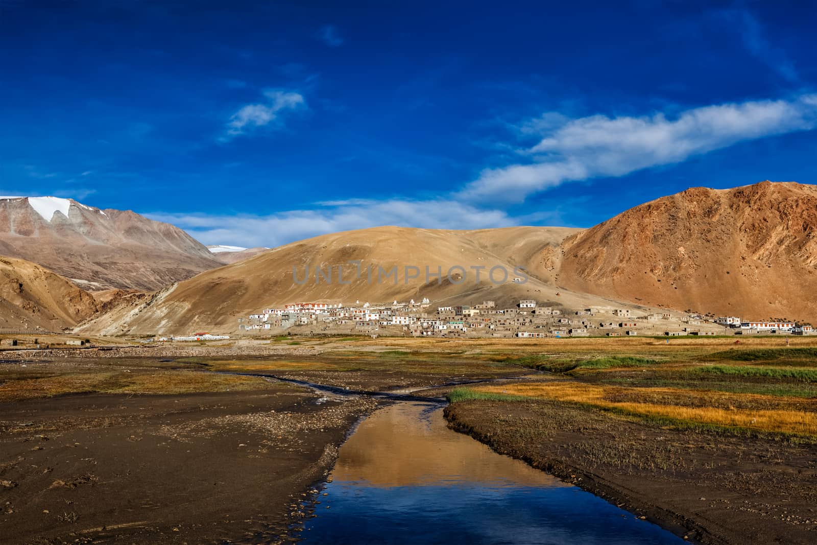 Korzok village and Himalayan lake Tso Moriri on sunrise in the morning, Korzok, Ladakh, India