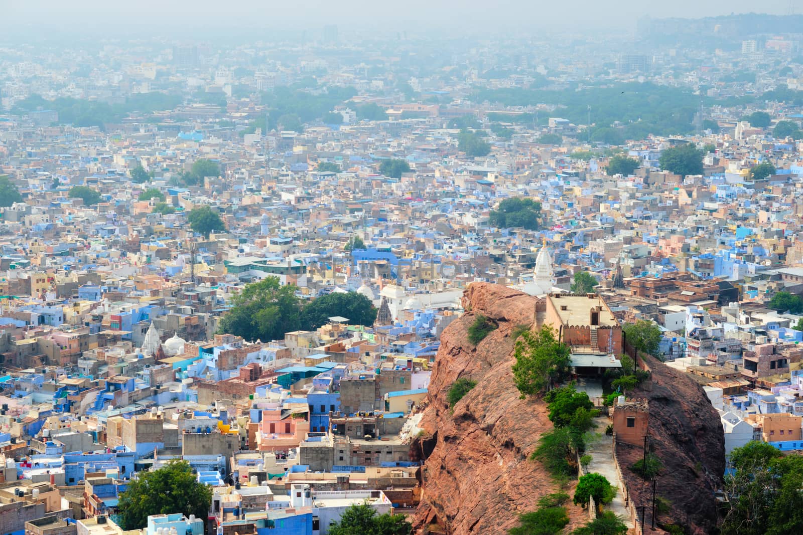 Aerial view of Jodhpur, also known as Blue City due to the vivid blue-painted Brahmin houses around Mehrangarh Fort. Jodphur, Rajasthan