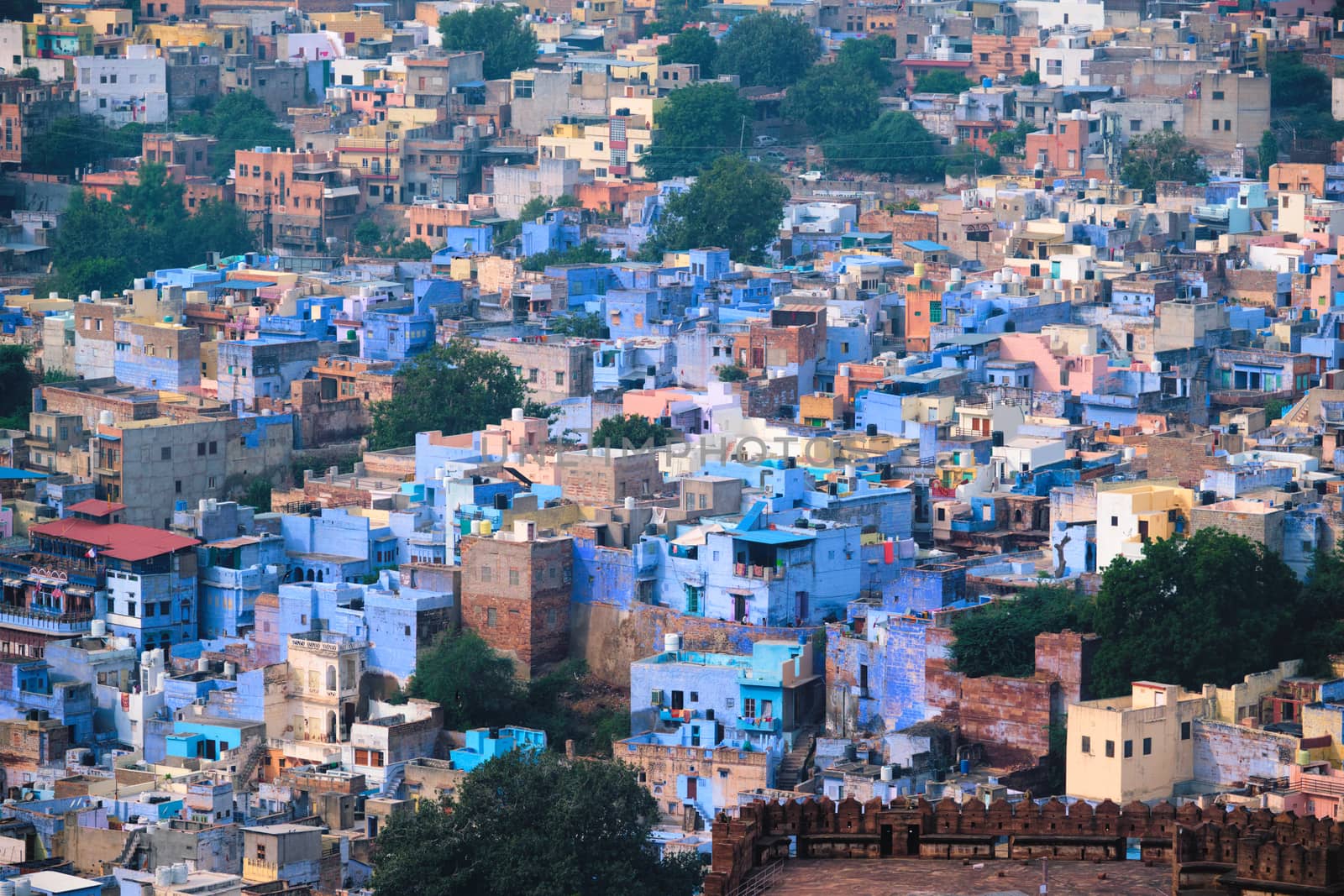 Aerial view of Jodhpur, also known as Blue City due to the vivid blue-painted Brahmin houses around Mehrangarh Fort. Jodphur, Rajasthan, India