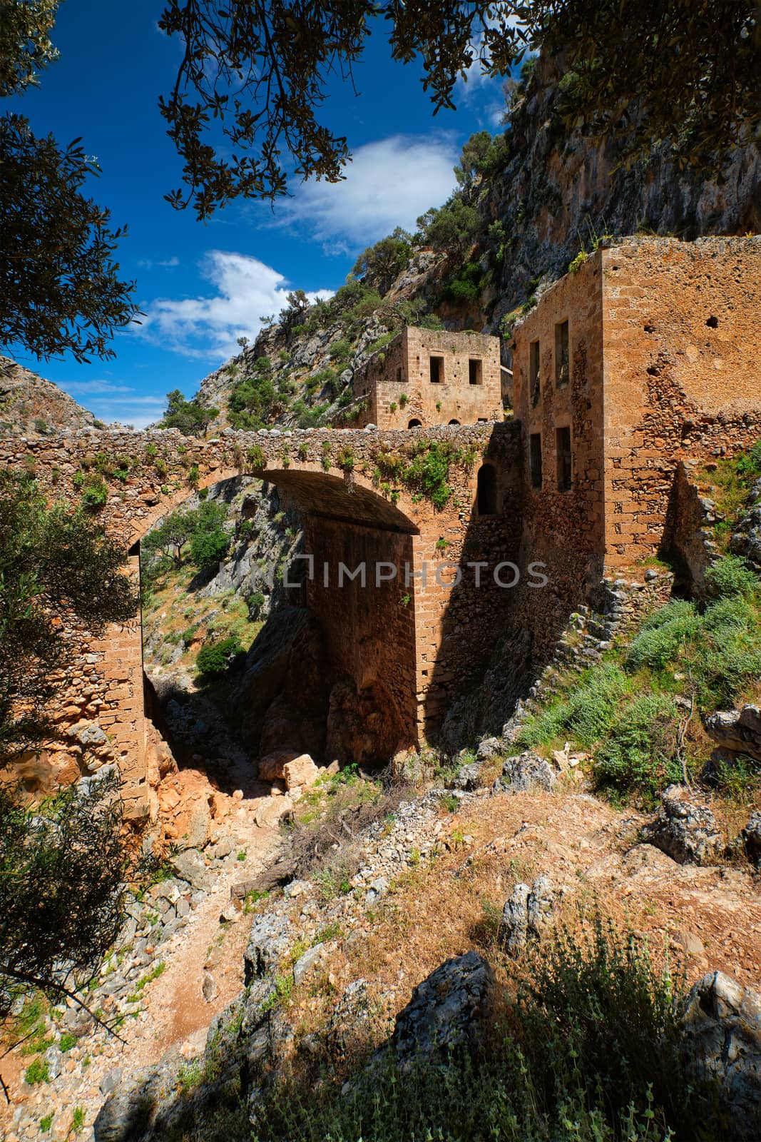 Riuns of abandoned Katholiko monastery church in Avlaki gorge, Akrotiri peninsula, Chania region on Crete island, Greece. Tracking shot