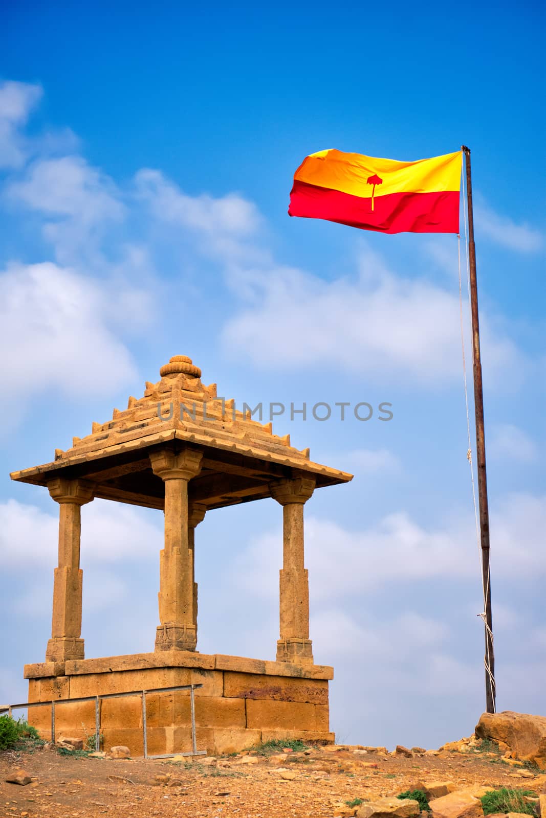 Jaisalmer flag near Bada Bagh cenotaphs Hindu tomb mausoleum . Jaisalmer, Rajasthan, India by dimol