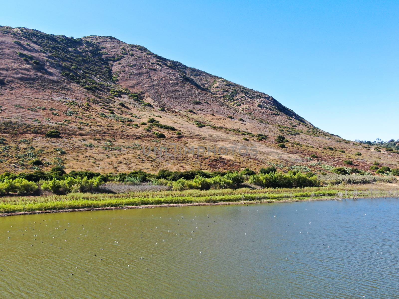 Aerial view of Inland Lake Hodges and Bernardo Mountain, great hiking trail and water activity in Rancho Bernardo East San Diego County, California, USA 