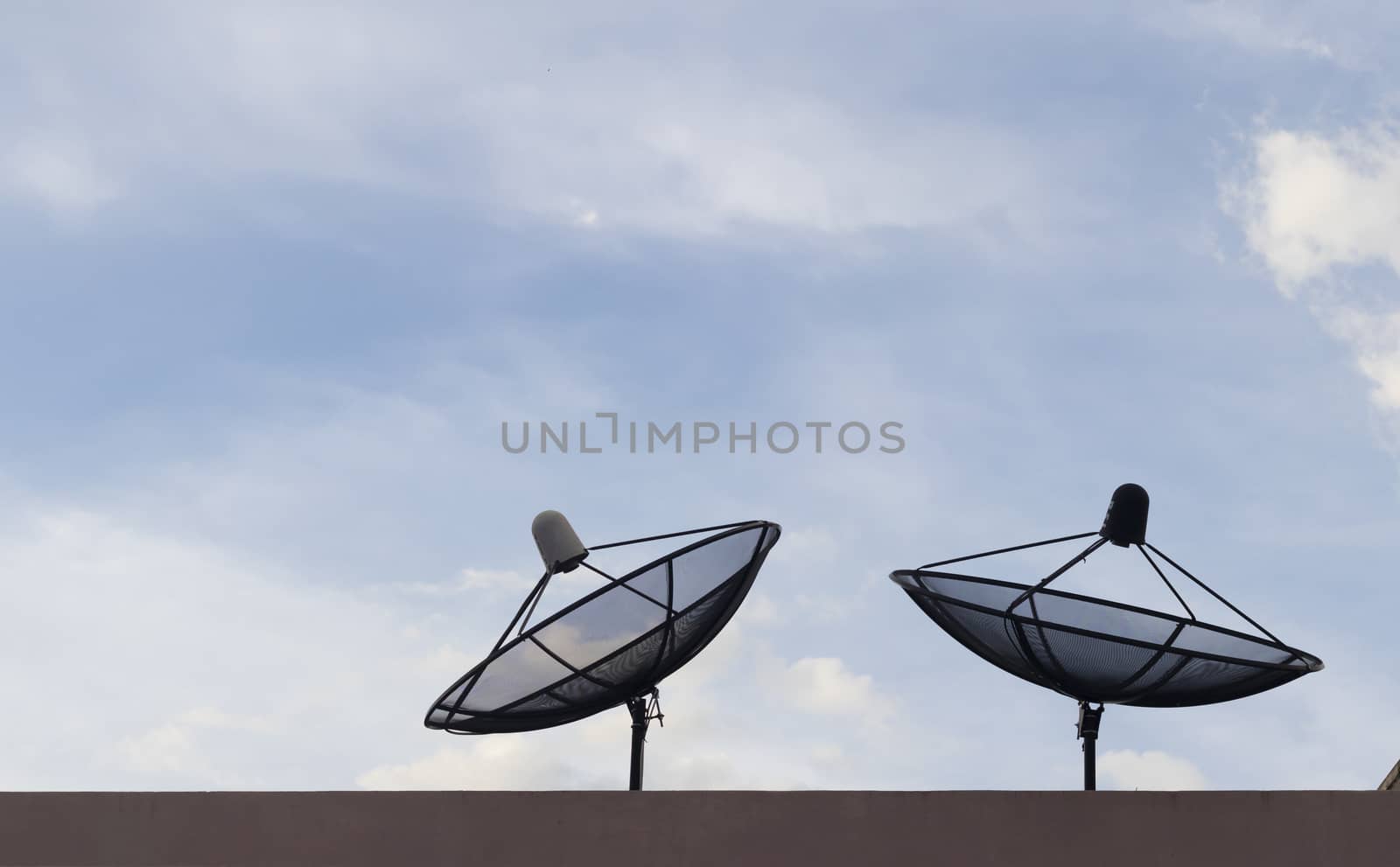 Antenna communication satellite dish with sky background by Gobba17