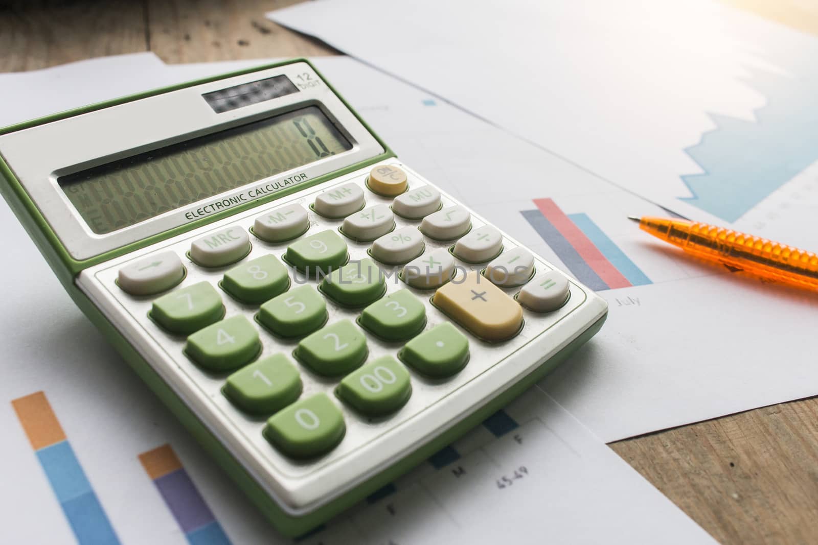 calculator and pen on chart and graph paper.business concept