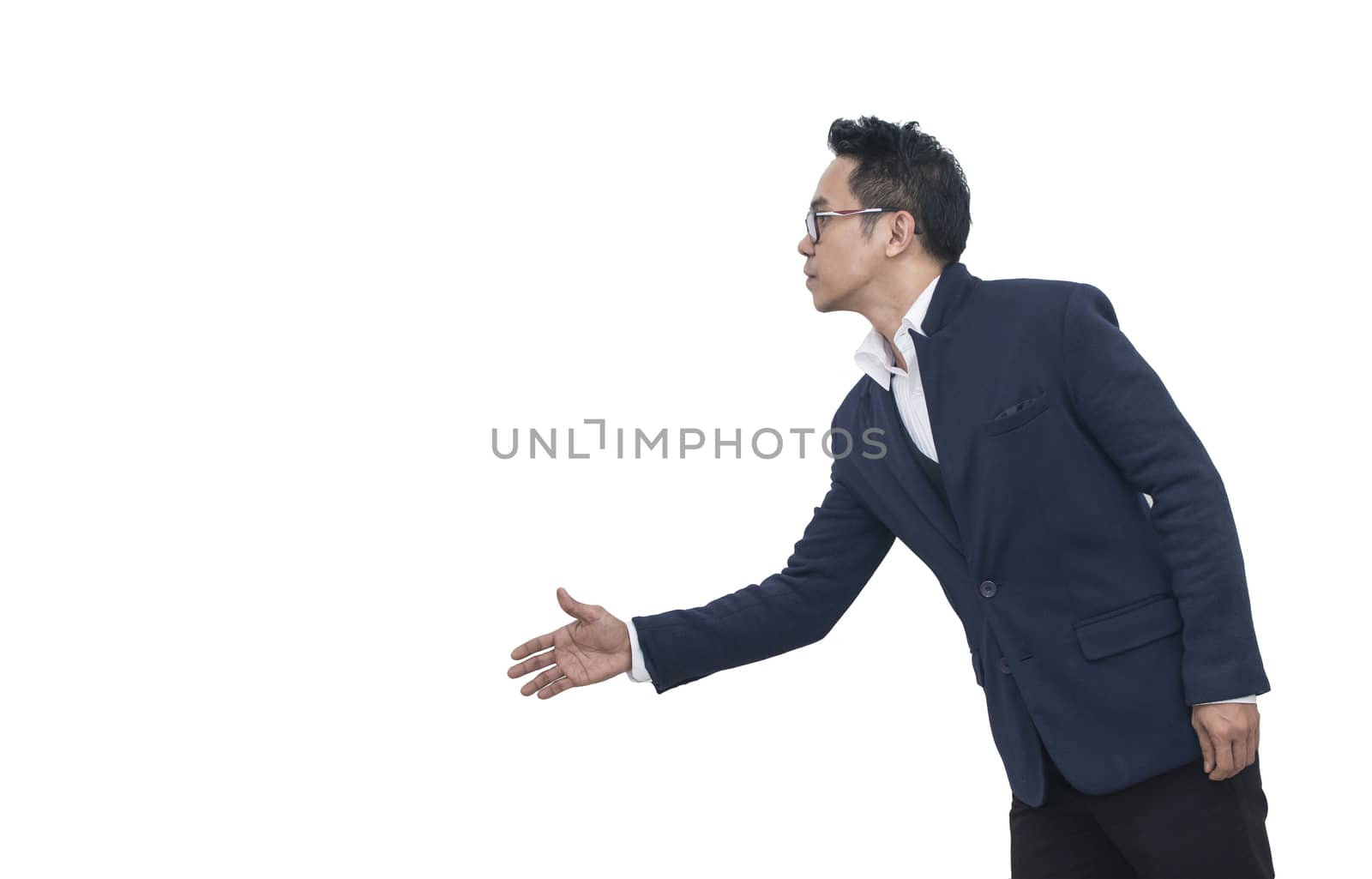 Asian Business man extending hand to shake on white background and copy space